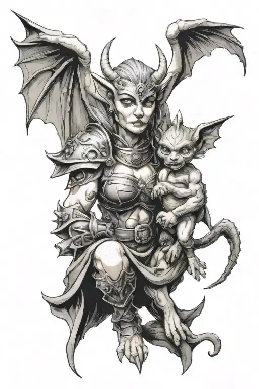 Female Gargoyle Warrior With Her Toddler