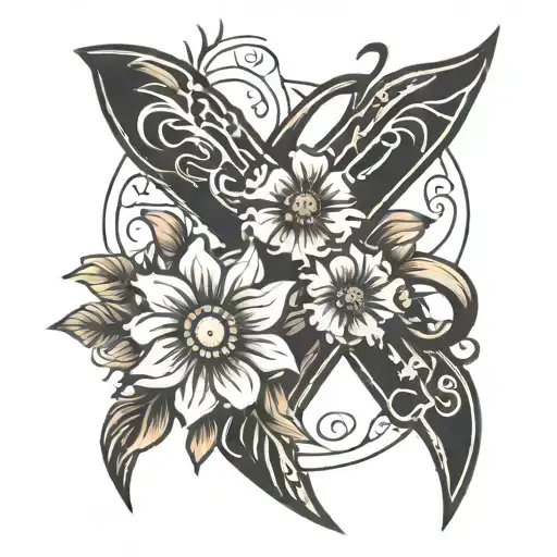 Fine Line Cancer Ribbon With Flowers