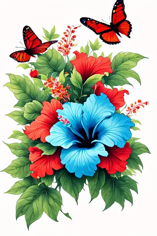 Hibiscus Flower Blooming With Red Butterflies