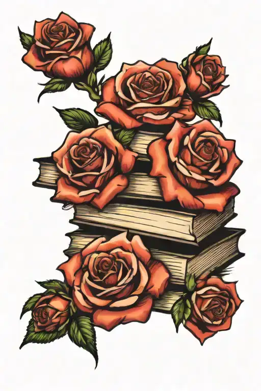 3 Books Piled With Roses Blooming
