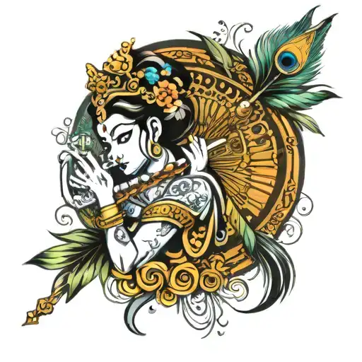 Give An Abstract Tatoo Design Symbolizing Indian God Krishna With Peacock Feather And Bamboo Flute