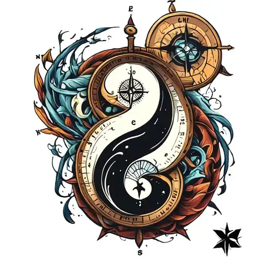 Ying Yang Sign With Nautical Compass