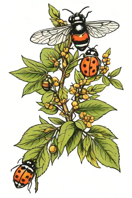 Olive Branch And Tree And Ladybug And Bee