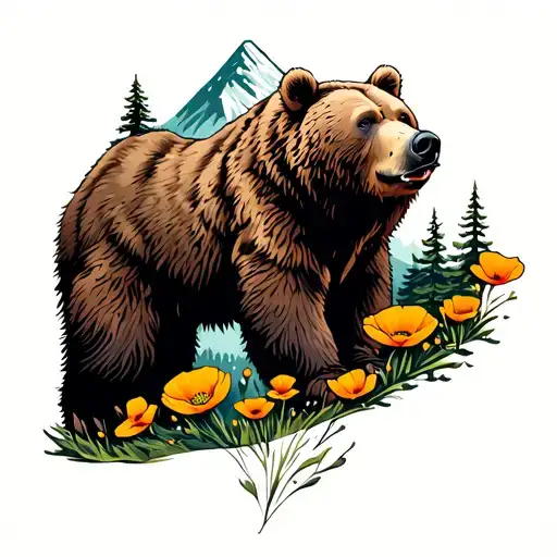 Grizzly Bear And Golden Poppy's With Mountain And Pine Trees In The Background
