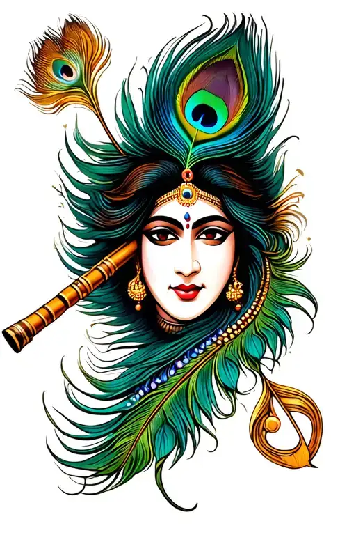 Music Symbol With Krishna's Flute And Peacock Feather