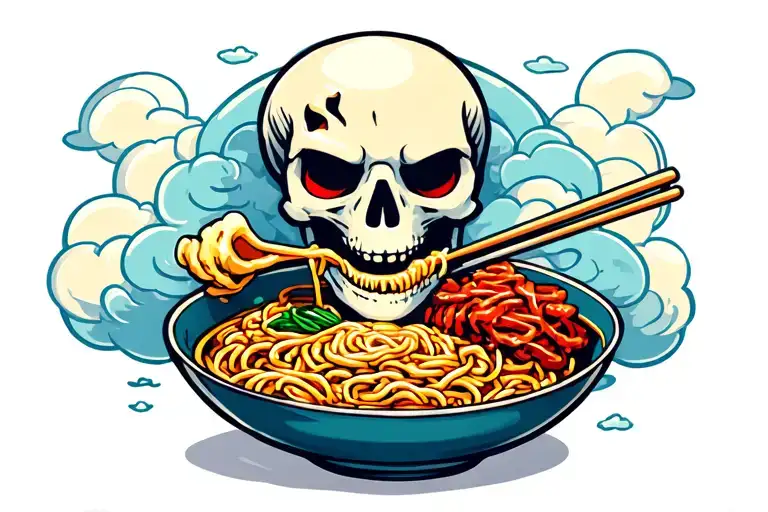 Cartoon Japanese Style Broken Skeleton Eating Ramen With Clouds Behind