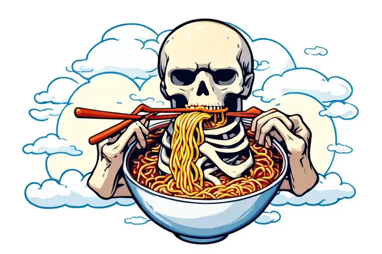 Cartoon Japanese Style Broken Skeleton Torso And Head Eating Ramen With Clouds Behind