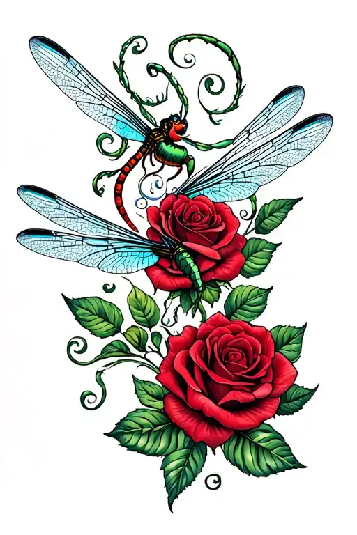 Red Rose And Dragonfly And Curles