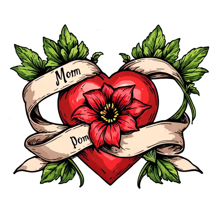 Red Heart With Red Trillium Flower And A Ribbon Wrapping With Word Mom Written