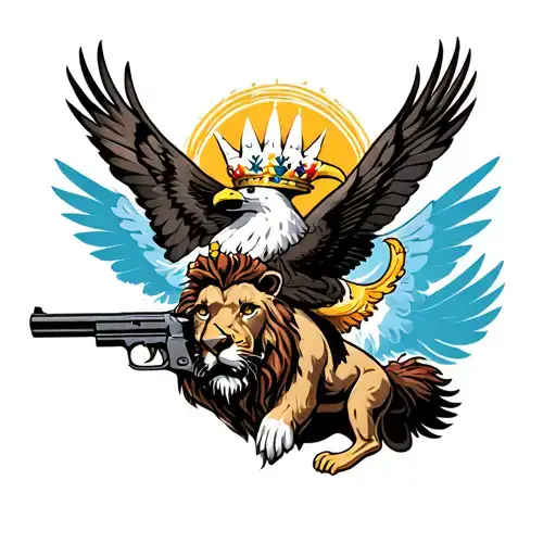 King Of Guns A Lion And Eagle Flying With Gun Surrounded