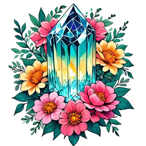 Raw Crystal Tower Surrounded By Flowers