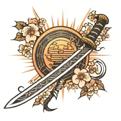 Samurai Sword With Rising Sun And Cherry Blossom