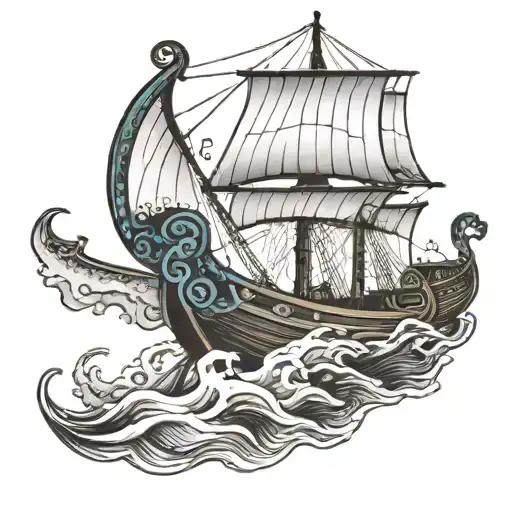 Viking Long Boat With Kraken Emerging