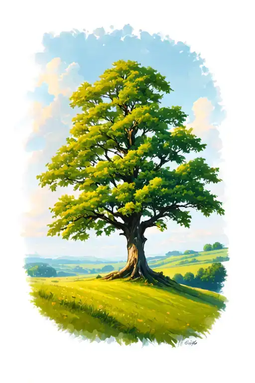 English Ash Tree In A Meadow By A Hill