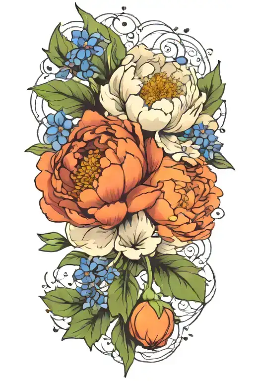 A Peony And Larkspur Bouquet Intertwined With Paintbrushes And Splashes Of Orange Paint
