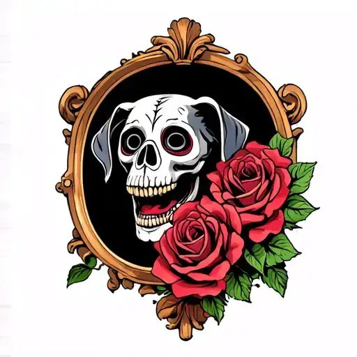 Scary Day Of The Dead Zombie Dog Skullwith Roses And Mirror In Background