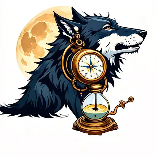 Wolf Howling At The Moon With Compass And Sand Clock