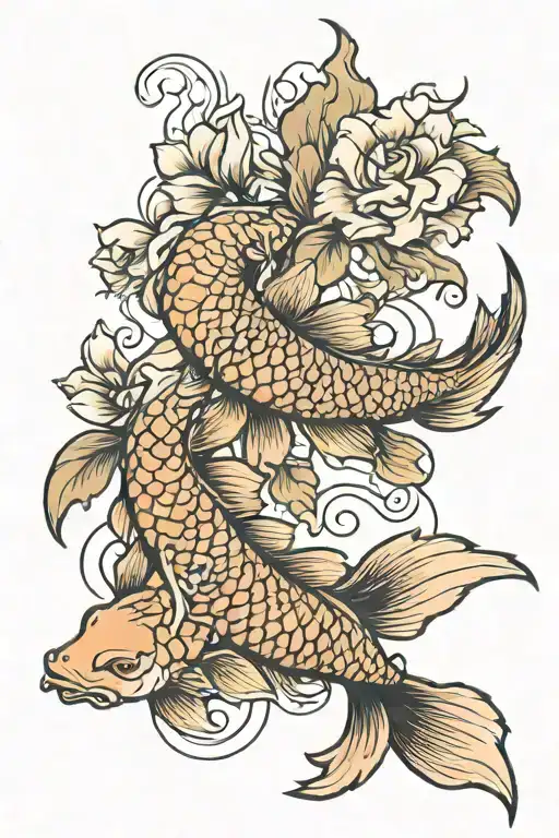 Koi Fish Burning Flowers Blooming