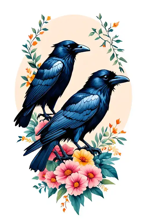 Two Ravens Standing On Flowers