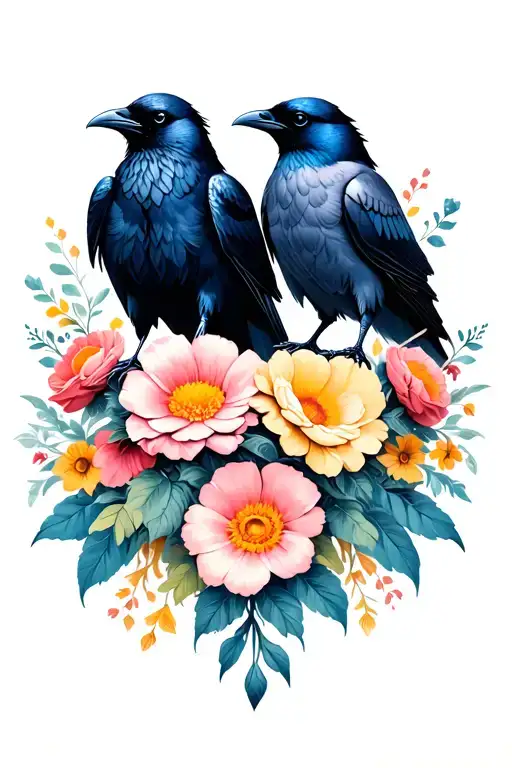 Two Ravens Standing On Flowers
