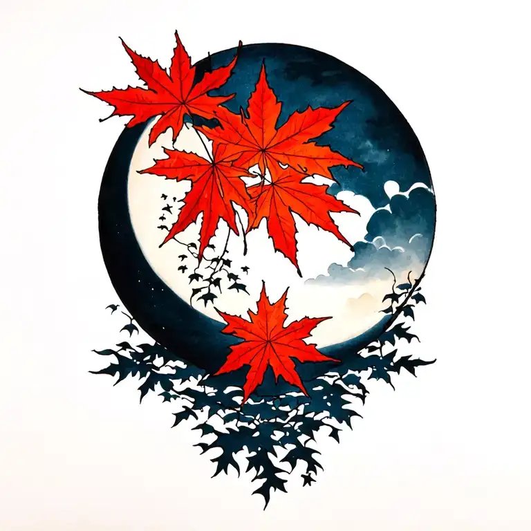 Japanese Maple With Leaves And A Moon