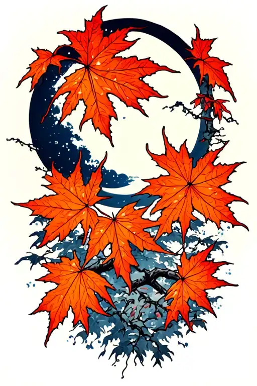 Japanese Maple With Leaves And A Moon