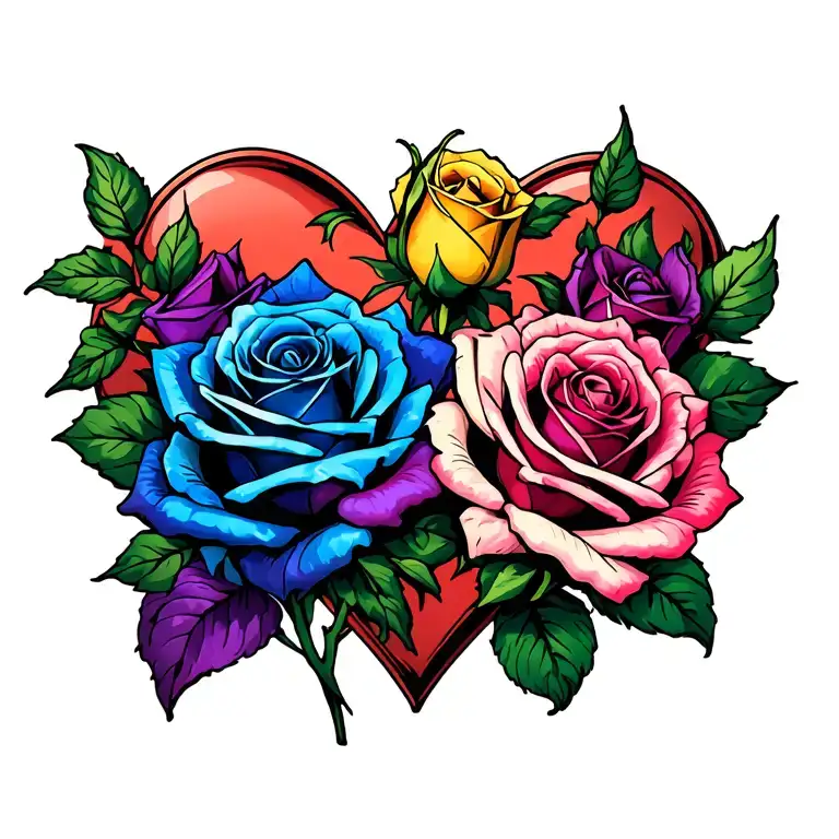 3 Roses Blue Purple Pink And 1 Yellow Rosebud Surrounded By A Heart