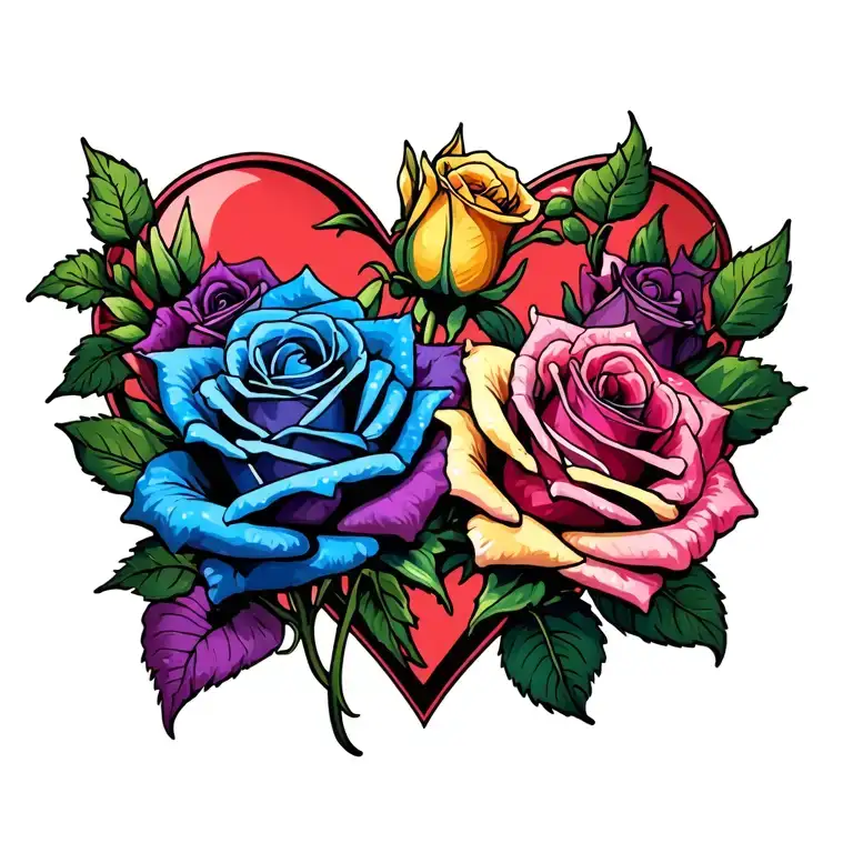 Blue Rose Purple Rose Pink Rose Yellow Rosebud Surrounded By A Heart