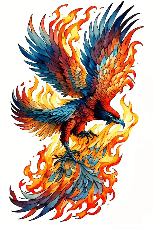 Watercolor Phoenix Rising From Flames