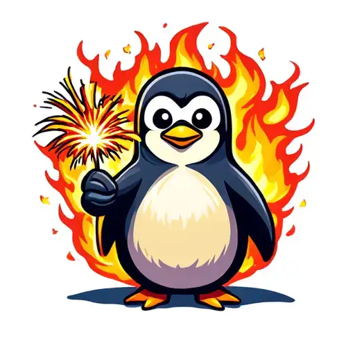 Penguin Holding A Firework Bursting With Flames