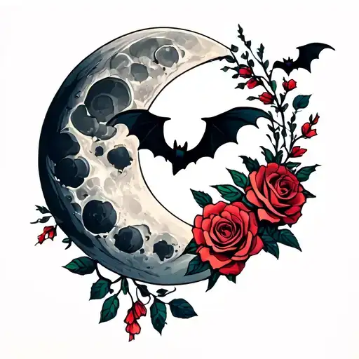 Moon With Bats And Roses Growing