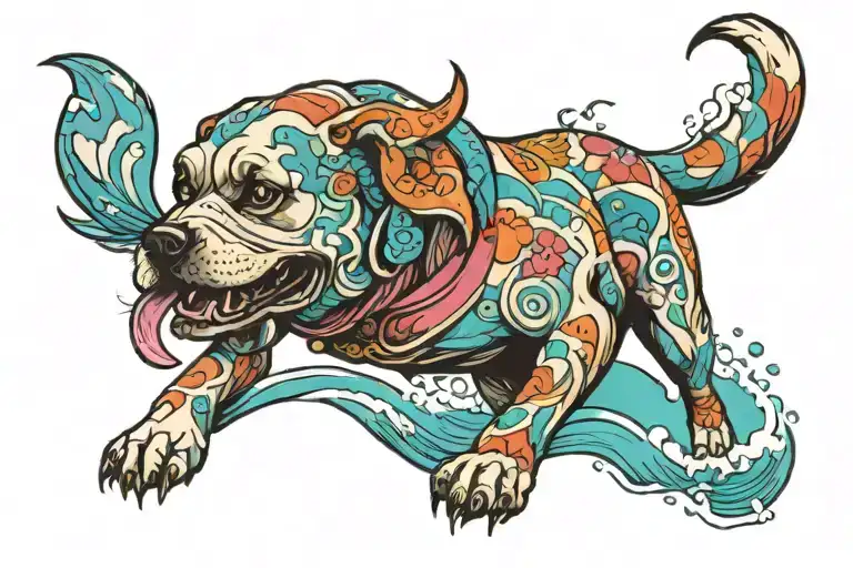 A Colorful Neotraditional Tattoo Of A Dog Playing On The Beach