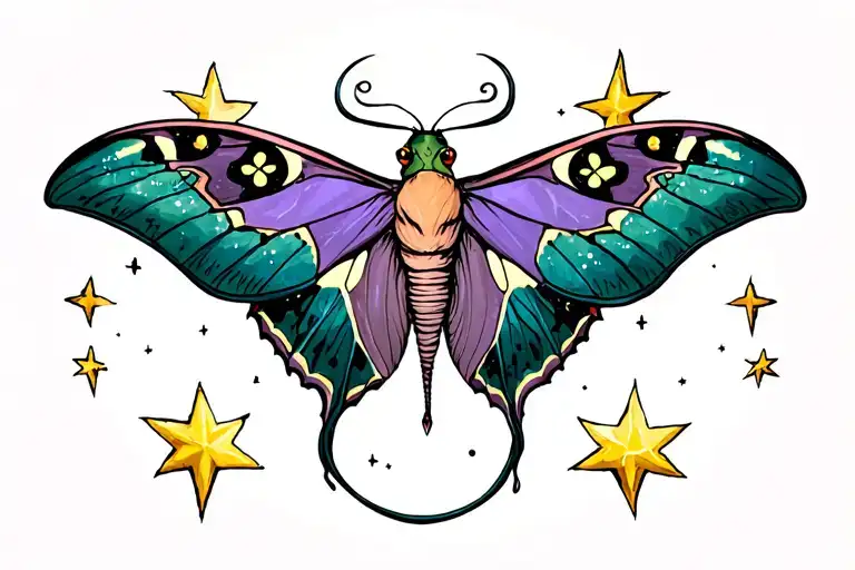 Luna Moth Cresent Moon Surrounded By Stars