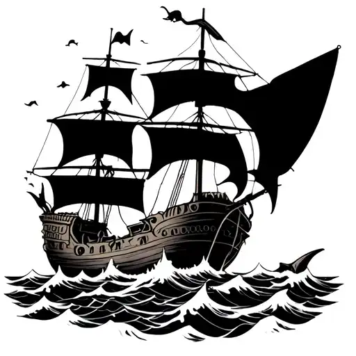 Broken Pirate Ship Sailing Through Stormy Seas Dead Bodies Sharks