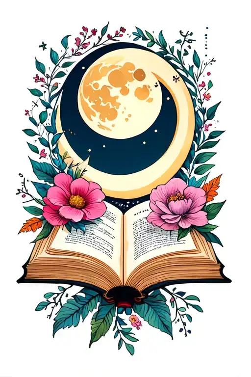 Open Book With Flowers And Moon