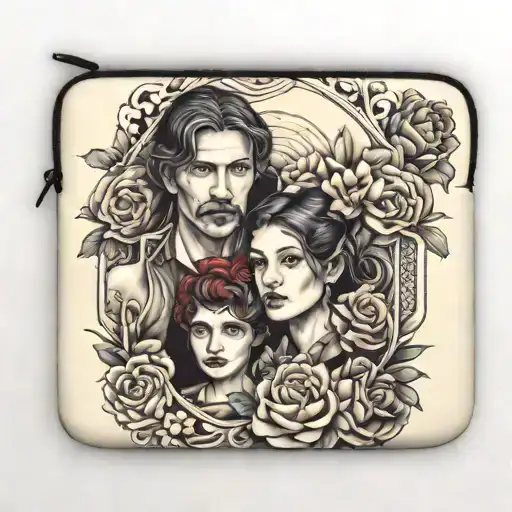 Create A Detailed Laptop Sleeve Tattoo With Elements Of Family Portraits Hidden In The Design