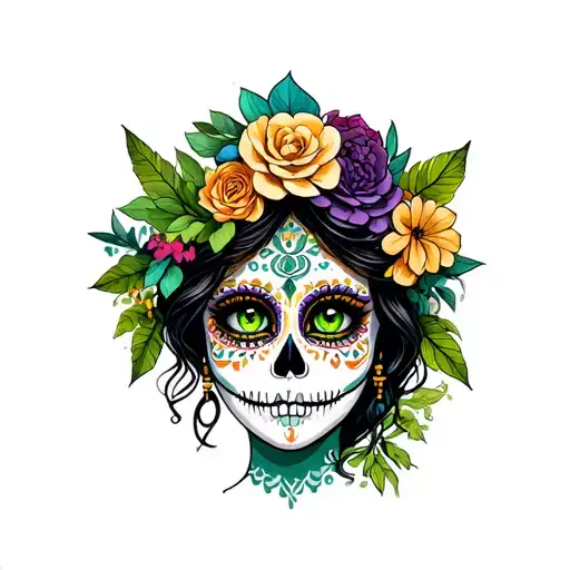 Beautiful Nature Goddess Head With Green Eyes And La Catrina Makeup