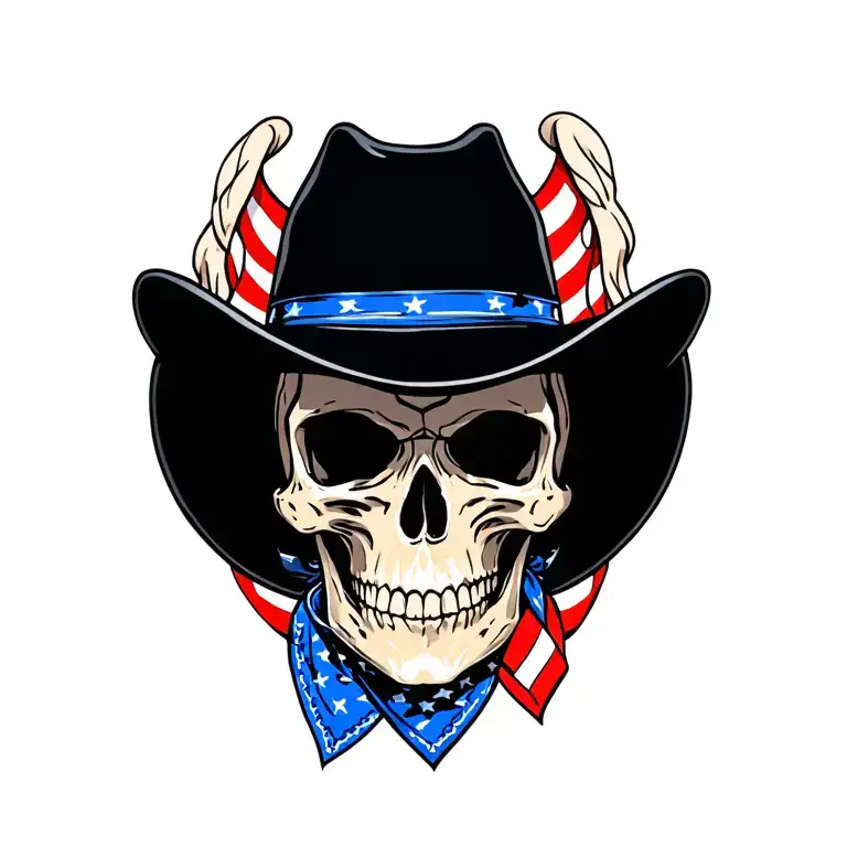 Skull Wearing A Black Cowboy Hat And A Thin Blue Line American Flag Bandana