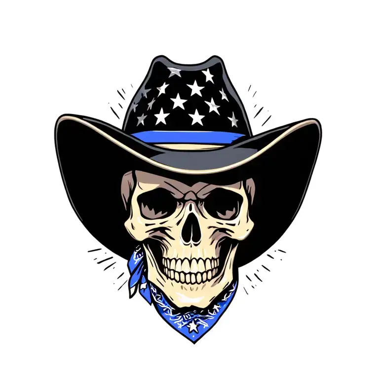 Skull Wearing A Black Cowboy Hat And A Thin Blue Line American Flag Bandana