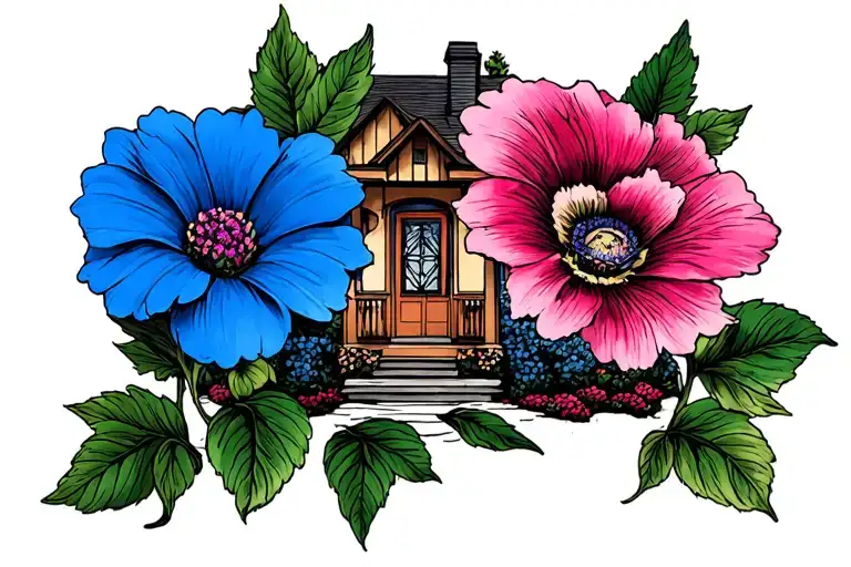 One Blue And One Pink Flower In Front Of The House