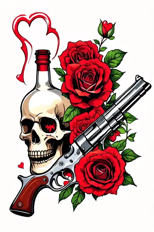 Skull With Roses And Liquor Bottle And Gun With Broken Heart