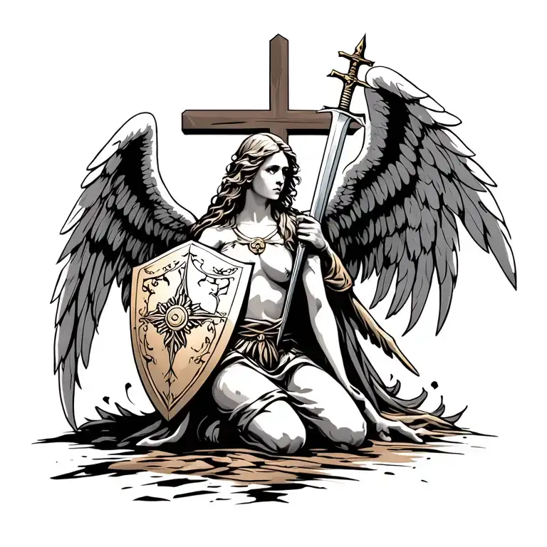 Angel Holding Sword And Shield Kneeling In Front Of A Cross