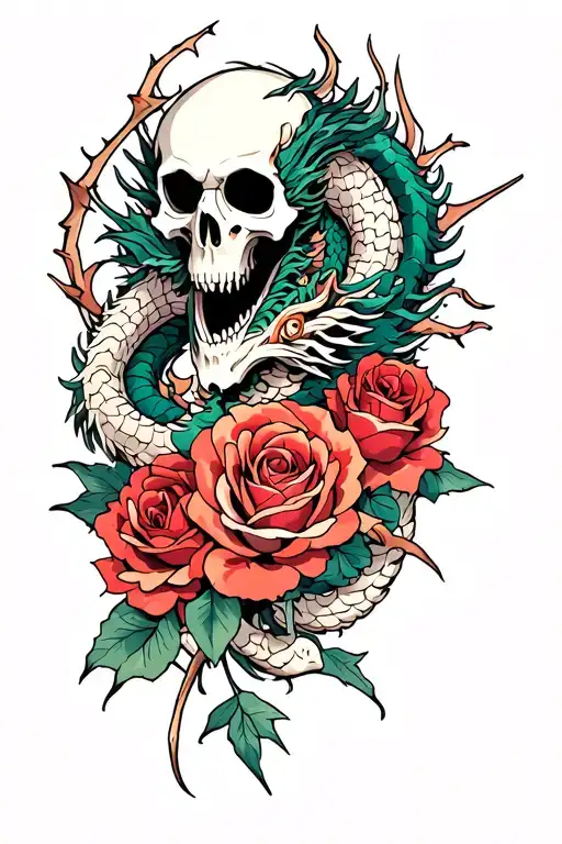 Reaper With Roses And Chinese Dragon And Thorns Wrapped