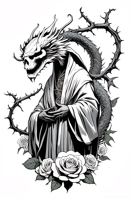 Reaper With Robe And Roses Around And Chinese Dragon And Thorns Going Through The Roses