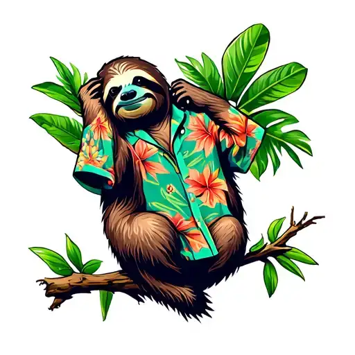 Sloth Hanging On A Branch Wearing Hawaiian Shirt