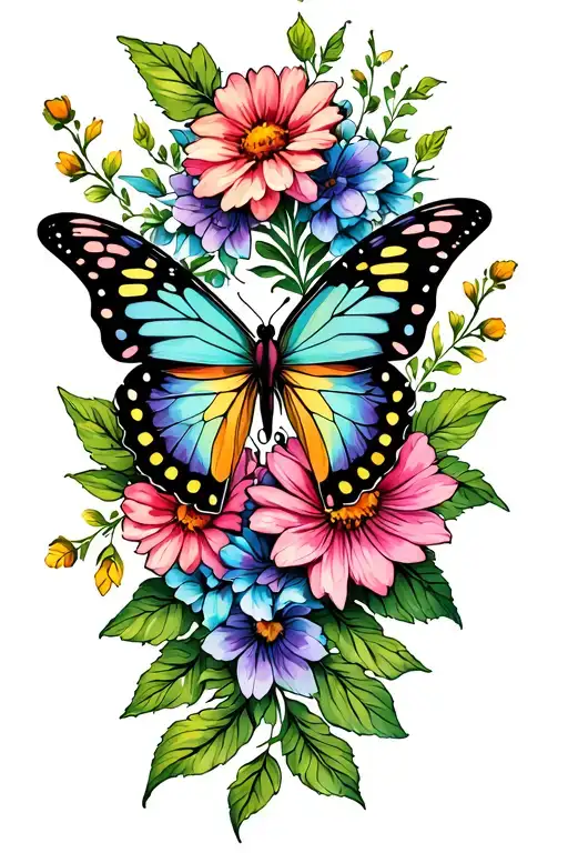 Butterfly And Flowers Intertwined