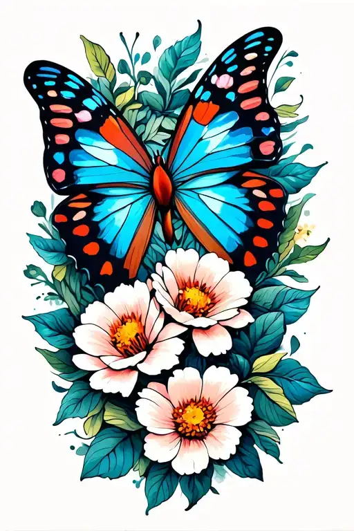 Butterfly And Flowers Intertwined Within