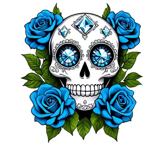 Sugar Skull With Diamonds On Eyes And Blue Roses On Each Sides