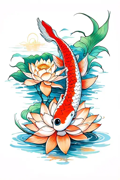 Koi Fish And Lotus Flower
