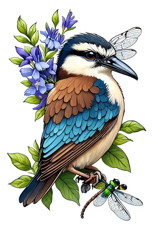 Kookaburra And Larkspur And Dragonfly
